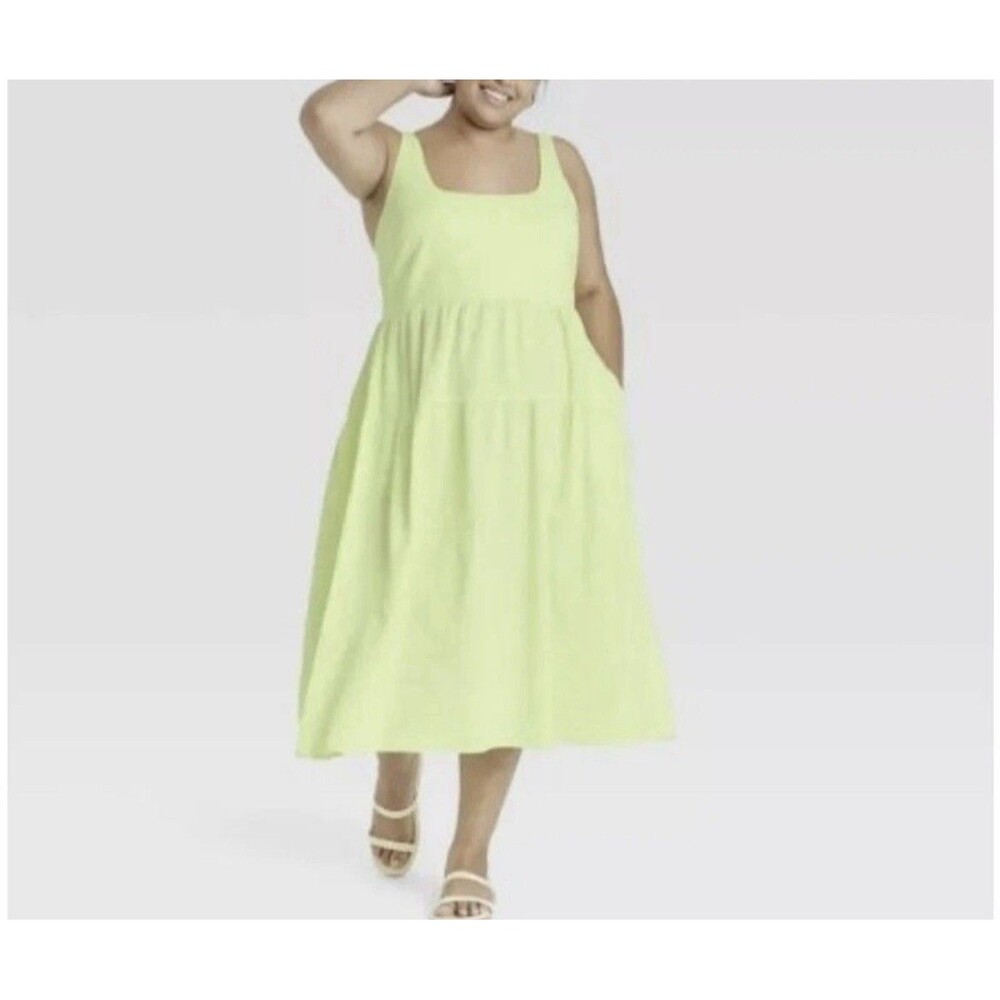 Ava & Viv Lime Green Seersucker Tiered Midi Dress Plus Size 3X Smocked Back